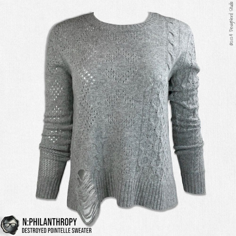 N:PHILANTHROPY DECONSTRUCTED POINTELLE CABLE KNIT SWEATER SHADOW WOOL CASHMERE